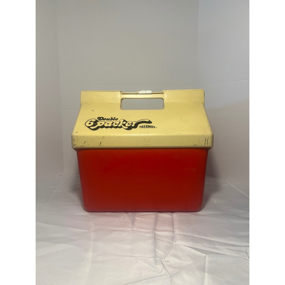 Vintage Thermos Double 6 Pack Lunch Box Cooler Red Yellow Retro Picnic‎ Cooler